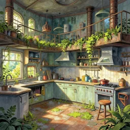 a beautiful hyperdetailed highly detailed abandoned architecture nature kitchen city industrial architecture by david hockney, anime, archdaily, wallpaper, highly detailed, trending on artstation.