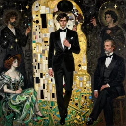 highly detailed oil painting | very intricate | cinematic lighting | black, white and gold color scheme, dark background | a man dressed by alexander mcqueen | by roberto ferri, by gustav moreau, by singer sargent and klimt, american romanticism, occult art | by austin osman spare, artstation, cgsociety, official art, octane