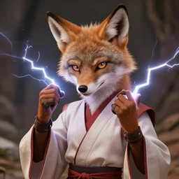 beautiful portrait of a female anthropomorphic coyote fursona wearing jedi robes being tickled by lightning. detailed hands. character design by charlie bowater, ross tran, artgerm, and makoto shinkai, detailed, soft lighting, rendered in octane