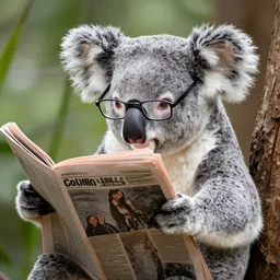 koala with glasses reading the newspaper
