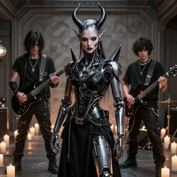 cyberpunk black metal band, 3 - piece, guitarists, bassist, drummer, vocalist, all black cyberpunk clothes, robotic prosthetic limbs, dermal implants, detailed faces, cyborg satan, futuristic, realistic, promo photograph, epk, room full of candles, candle light, high quality photograph, highly detailed, sharp
