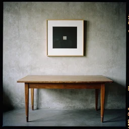 kodak portra 4 0 0, 8 k, highly detailed, britt marling style, award winning colour still - life portrait of a large room with rough concrete walls, a square wall picture is leaning on the wall, a 1 9 5 0 s table, a 1 9 5 0 s table