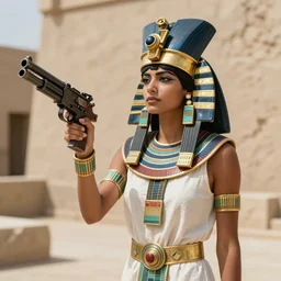Aztec priestess holding a machine gun