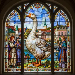 a stunning stained glass window of a ( beautiful goose god, giant goose, goose statue over town ), intricate, elegant, highly detailed, digital painting, artstation, concept art, sharp focus, illustration, art by john collier and albert aublet and krenz cushart and artem demura and alphonse mucha