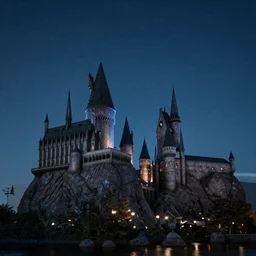 Hogwarts night landscape, night lights, stars in the sky, cold blue hues, muted colors, high clouds, lake, magic, beautiful, photorealistic, perfect, photo kodak 35mm colored, 8K, high quality, 8k resolution, 4K, detailed, high details, Super-high quality, hyperdetailed, Hyperrealistic,