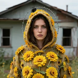 a woman wearing a hooded cloak made of zinnias and barbed wire, in a derelict house, detailed face, CANON Eos C300, ƒ1.8, 35mm, 8K, medium-format print