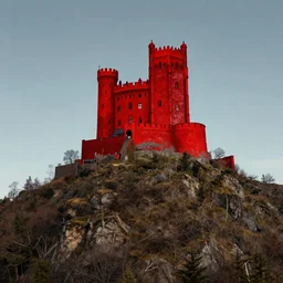 a red castle is sitting on top of a large hill, Paul Chadeisson, high res artstation canvas