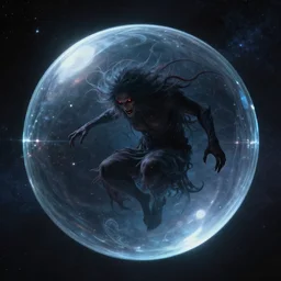An evil spirit trapped inside pristine glass sphere floating though the inifinity of the Universe, stunning digital painting