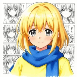 full headshot portrait of blond babe 3 years old with gray eyes with a blue scarf and yellow t - shirt, she smiles beautifully, drawn by wlop, by avetetsuya studios, attractive character, colored sketch anime manga panel, cirno from touhou, trending on artstation