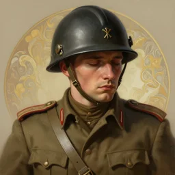 portrait of a tired soldier, intricate, elegant, highly detailed, ray tracing, digital painting, artstation, concept art, smooth, sharp focus, illustration, art by artgerm and greg rutkowski and alphonse mucha, 8 k
