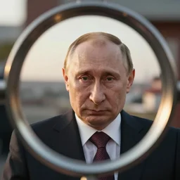 sad Vladimir Putin, fish eye lens, award winning, golden hour