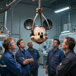 many mechanics in lab facility looking at bloody disney mouse head lifted by claw, made by beeple, cgsociety, artgerm, greg rutkowski, highly detailed intricate 4 k art, low light cinematic, octane render, unreal engine, smooth concept art