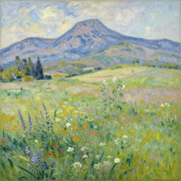 a meadow with flowers, mountains in the background, plains, painting by Camille Pissarro