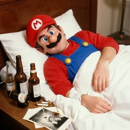 the actor who plays super mario getting waking up hungover, empty beer bottles, cigarette burns, 1 9 8 0 s photograph