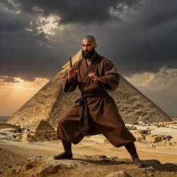 a close portrait of a charismatic egyptian / arabic style kung fu - monk on top of a pyramid overlooking the ancient monumental egyptian city, heavy clouds and setting sun, cinematic dark mood, pre - raphaelite masterpiece by john everett millais