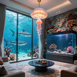 photo of the modern fashionable room as aquarium with a chandelier as a big jellyfish, beautiful corals on the walls and dangerous sharks outside, big panoramic window, realism, sharp details, cinematic, under the ocean, realistic colors, realistic shadows, daylight by beeple and by greg rutkowski