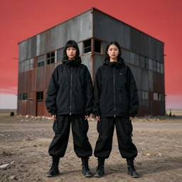 photographic portrait of 2 clones in front of a brutalist metal building, 2 techwear women, on a desolate plain, red sky, black oversized clothes, sigma 8 5 mm f / 1. 4, 4 k, depth of field, high resolution, 4 k, 8 k, hd, full color