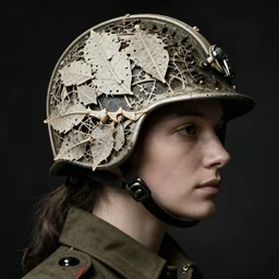 a woman's face in profile, wearing a soldier's helmet made of intricate delicate leaf skeleton, in the style of the dutch masters and gregory crewdson, dark and moody