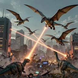 a group of pterodactyl flying over a destroyed cyberpunk city shooting lasers at dinosaurs below them, by greg rutkowski