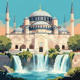 ancient ottoman structure and waterfalls, epic retrowave art, trending on art station