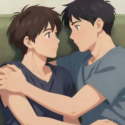 beautiful close - up painting of a young gay couple cuddling in the sofa, 2 8 4, romantic, highly detailed, looking at each other, smooth, stylized, vector line art, clean cel shaded vector art, by lois van baarle, ross tron, artgerm, helen huang, makoto shinkai, ilya kuvshinov, rossdraws