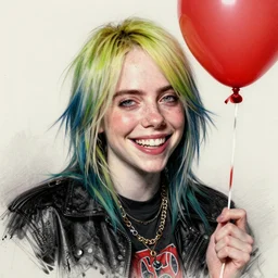 surrealism grunge cartoon portrait sketch of billie eilish with a wide smile and a red balloon by - michael karcz, loony toons style, mad max style, horror theme, detailed, elegant, intricate