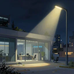 modern office, detailed illustration by thomas kinkade, cyberpunk, nighttime, streetlight