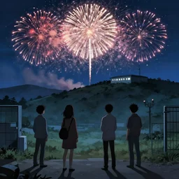 four people watching fireworks go off in the night sky behind a prison on a hill, wide angle, hyperrealistic digital art, trending on art station, cinematic lighting, 4 k, illustrated by akira toriyama