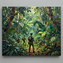 craig mullins epic oil on canvas painting of a vietnam war astonishing jungle landscape, born on the 4 th of july movie still, blue sky, line art!!, ink, winning - award art concept for a book cover!!, harmonic colours, movie still, highly detailed, centered, hyperrealism, smooth, sharp focus trending on artstation, by greg manchess and by kilian eng and by jake parker