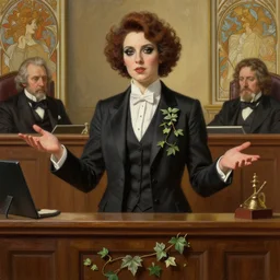 a beautiful painting of poison ivy as a lawyer dressed in a three piece suit arguing a case in a court, dark eyeliner, intricate, elegant, highly detailed, digital painting, artstation, concept art, matte, sharp focus, illustration, art by rebecca guay and by arthur rackham and by alphonse mucha and by john william waterhouse