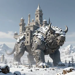 Gigantic creature with ancient buildings on its back, snow, digital art, realistic, trending on artstation