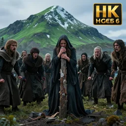 witch weeping at the stake, angry crowd around her, fantasy artwork, nordic scenery, snowy green mountain, hd, hdr, ue 5, ue 6, unreal engine 5, cinematic 4 k wallpaper, 8 k, ultra detailed, high resolution, artstation, award winning