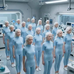 troop of females of varying heights and body shapes in formation, white hair, tight light blue neopren suits, in rows, futuristic chemistry lab, sci - fi, highly detailed, cinematic