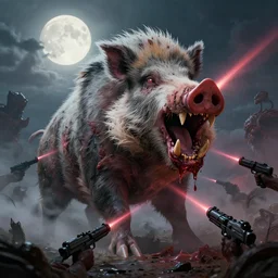 concept art of giant mutant boar attack, lovecraftian, lots of teeth, melting horror, fluffy feathers, round moon, rich clouds, fighting the horrors of the unknown with laser guns, high resolution, very detailed, colorful, roaring, volumetric light, mist, grim