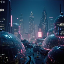 35mm film still blade runner set on Mars in an neon city, domes made of glas