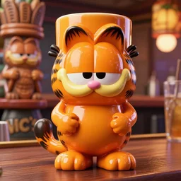 a closeup photorealistic photograph of a glossy orange cat garfield style tiki mug sitting at a trader vic's bar featuring garfield's face. tiki party. bright scene. fine detail. this 4 k hd image is trending on artstation, featured on behance, well - rendered, extra crisp, features intricate detail, epic composition and the style of unreal engine.