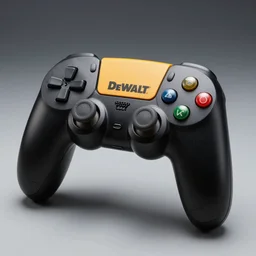 a DeWalt brand game controller, high detail, realistic, photograph, photorealism, studio lighting, reflections, gloss, macro shot, depth of field, 8k