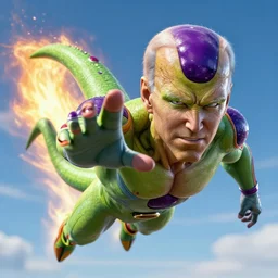 photorealistic professional digital art of a highly detailed frieza joe biden. detailed face. he flies in the sky preparing a kamehameha. dragon ball, octane render, clear, intricate, highly detailed, unreal engine 5.