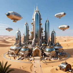 An advanced high tech Sci fi bustling steampunk city with flying air ships all around and tall glass buildings located in a sand desert, bright sunny day blue sky, digital painting, artstation, matte painting, highly detailed, intricate, concept art, game art, octane render, 8k, unreal engine