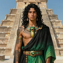 portrait of a beautiful young slim male aztec priest of the snake god, long curly black hairs, tatoos, fluent robes, by greg rutkowski and alphonse mucha, d & d character, gradient black to green, in front of a decorated stone ziggurath, highly detailed portrait, digital painting, artstation, concept art, smooth, sharp focus ilustration, artstation hq