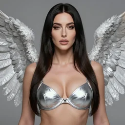 beautiful angel girl with monica bellucci face, portrait, big silver bra, silver wings, highly detailed, d & d, fantasy, highly detailed, digital painting, trending on artstation, concept art, sharp focus, illustration, art by artgerm and greg rutkowski and fuji choko and viktoria gavrilenko and hoang lap