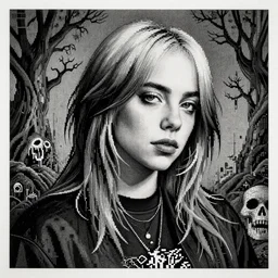 grunge drawing of billie eilish by - Zdzisław Beksiński , pixel art style, horror themed, detailed, elegant, intricate