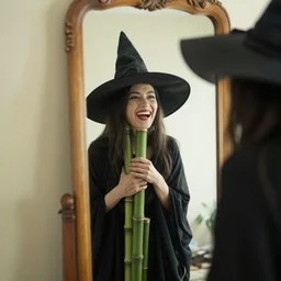 a witch has turned her head into bamboo, standing in front of a mirror laughing