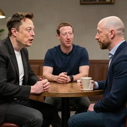 Elon Musk, Mark Zuckerberg, Jeff Bezos secret meeting by Bruce pennington and Greg Rutkowski cgs society, very details, comic style, unreal engine, octane render, 8k