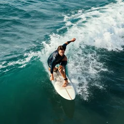 Image of keanu reeves surfing, drone image, cinematic lighting, 4k, vivid color, detailed