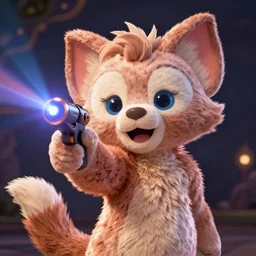 “portrait of a cartoon animal, Disney style, pointing a laser gun at the camera”