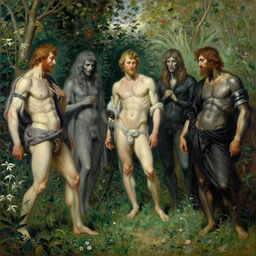 Realistic painting of a garden with inhumane figures high-detailed oil painting by Ilya Repin, William Blake, Michelangelo da Caravaggio, Alex Grey and Beksinski, masterpiece, 4k