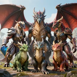 all the elemental dragonborns meeting themselves, photorealistic 3 d octane render, unreal engine, ultra detailed - c 3 0. 0