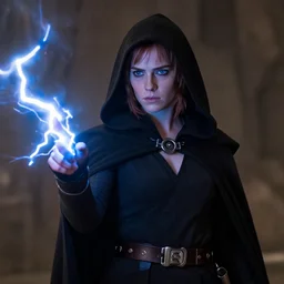 Katniss Everdeen as Emperor Palpatine, wearing a black hooded cloak, firing blue lightning from her fingertips, film still from Star Wars: Return of the Jedi