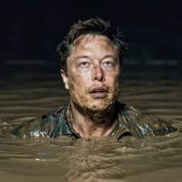 film still, close up, elon musk rising out of muddy vietnam river, face covered in mud, low camera angle at water level, night time, film still from apocalypse now ( 1 9 7 9 ), 2 6 mm